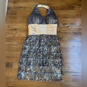 TONY BOWLS Pewter sequin fringe gold satin waistband halter mini dress size 4